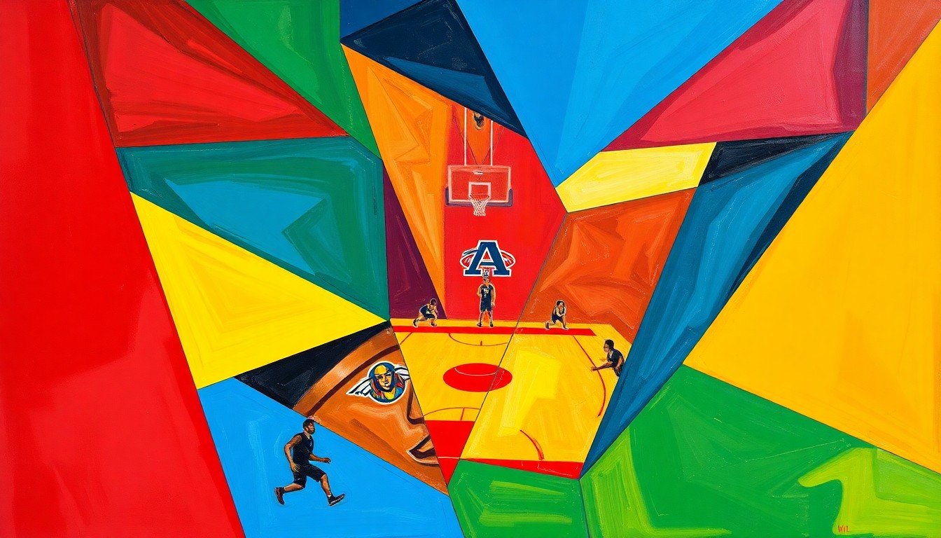 A cubist-style painting depicting a WNBA basketball game broken down into overlapping geometric shapes and planes of vibrant colors, representing the dynamic player movement and shifts in team dynamics expected during the 2026 WNBA free agency period.