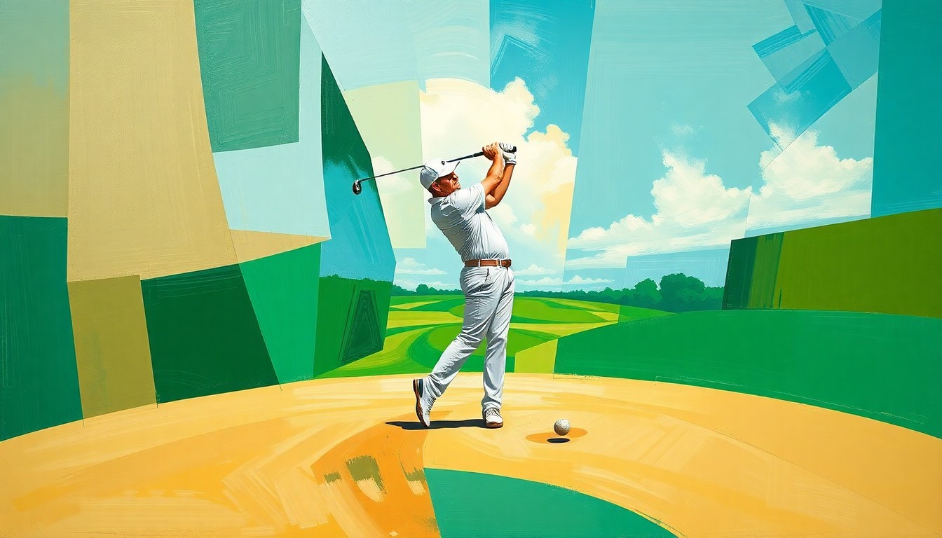 A fragmented, geometric painting depicting a golfer's swing motion, with overlapping planes of green, tan, and blue, conveying the intricate movements and determination of a seasoned player seeking a career-defining triumph.