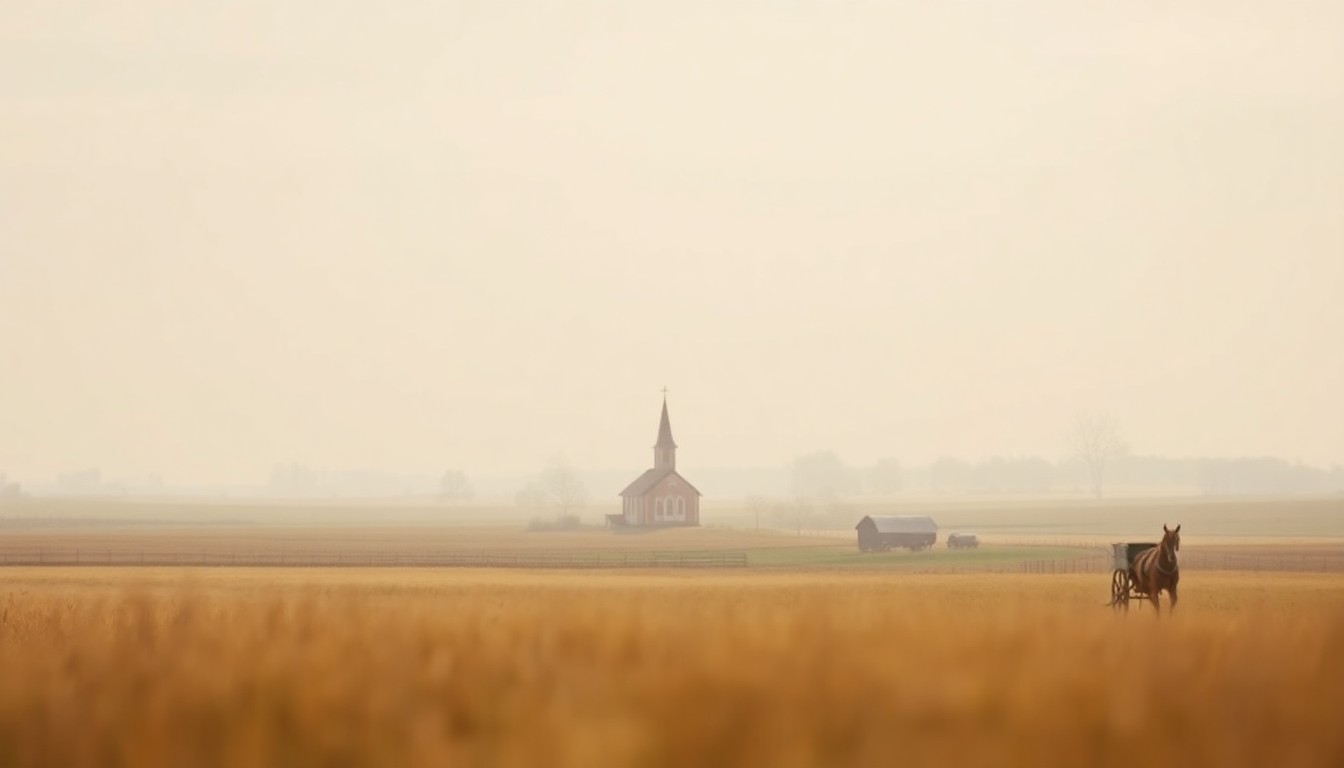 An extremely abstracted, out-of-focus photograph in soft, warm tones depicting a rural landscape with a church steeple and horse-drawn wagon, conveying a sense of nostalgia and timelessness.