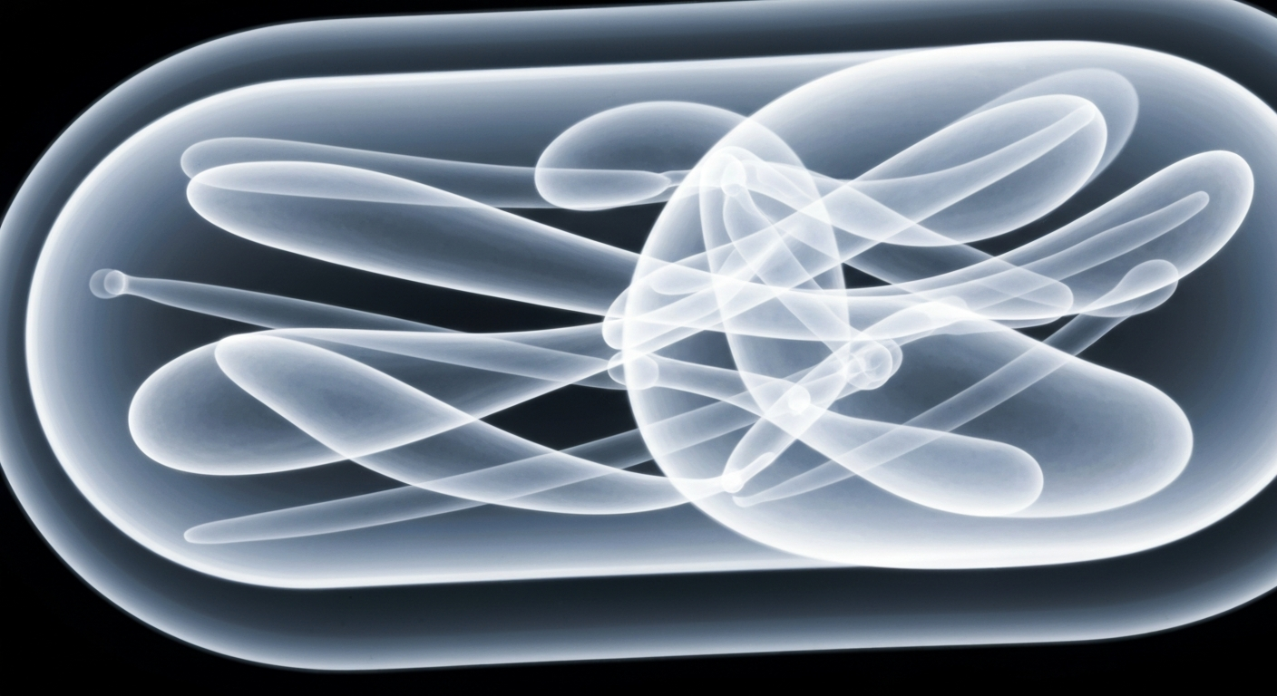 An extreme close-up of the translucent, ghostly internal structure of a multivitamin capsule, conceptually illustrating how the supplement's molecular components may impact cellular aging.