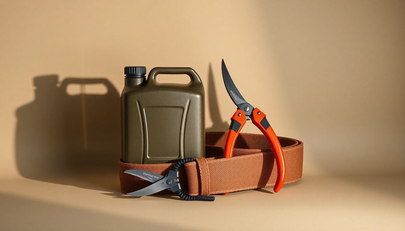 A minimalist studio still life photograph featuring a premium gas canister, pruning shears, and a landscaping tool belt arranged elegantly on a clean, monochromatic background, symbolizing the operational challenges facing the landscaping industry due to surging fuel prices.