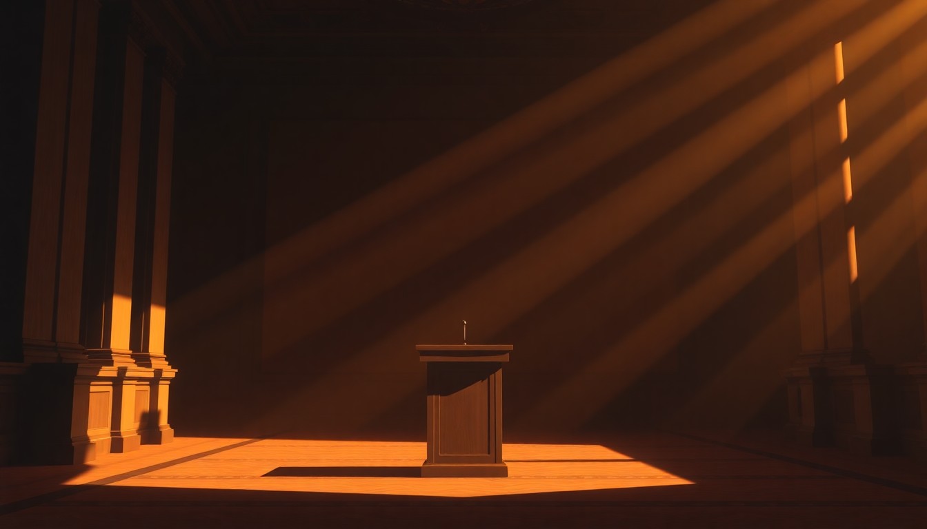 A dimly lit, cinematic painting of an empty government podium in a warm, golden light, conveying a sense of quiet contemplation around a political issue.