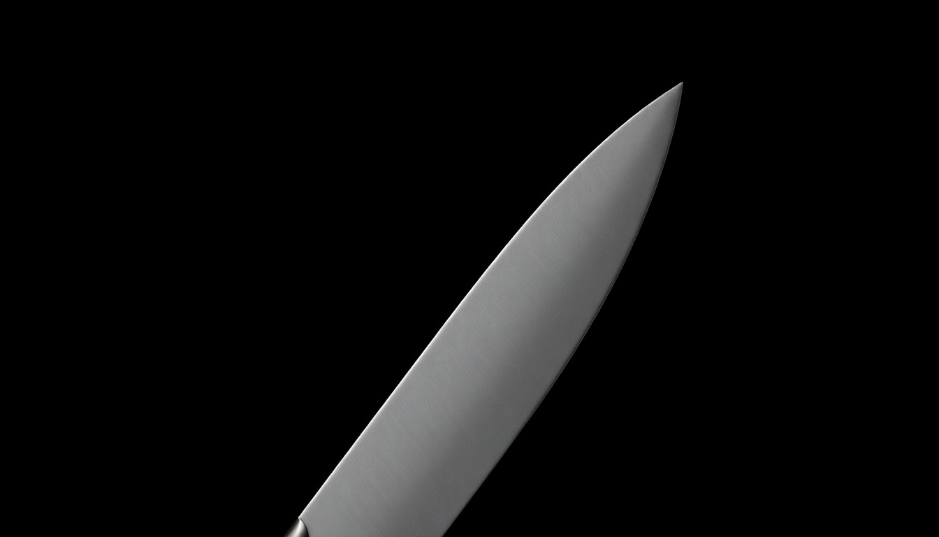 An extreme close-up photograph of a chef's knife against a pitch-black background, lit by a harsh, direct camera flash, conceptually representing the threat of violence in a political context.