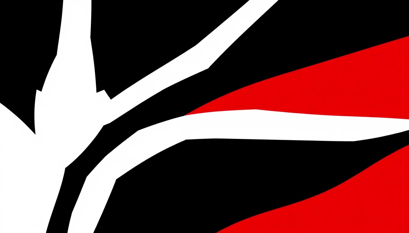 An abstract, minimalist illustration featuring bold, jagged black silhouettes against a bright red background, conceptually representing the high-stakes competition of a singing reality TV show.