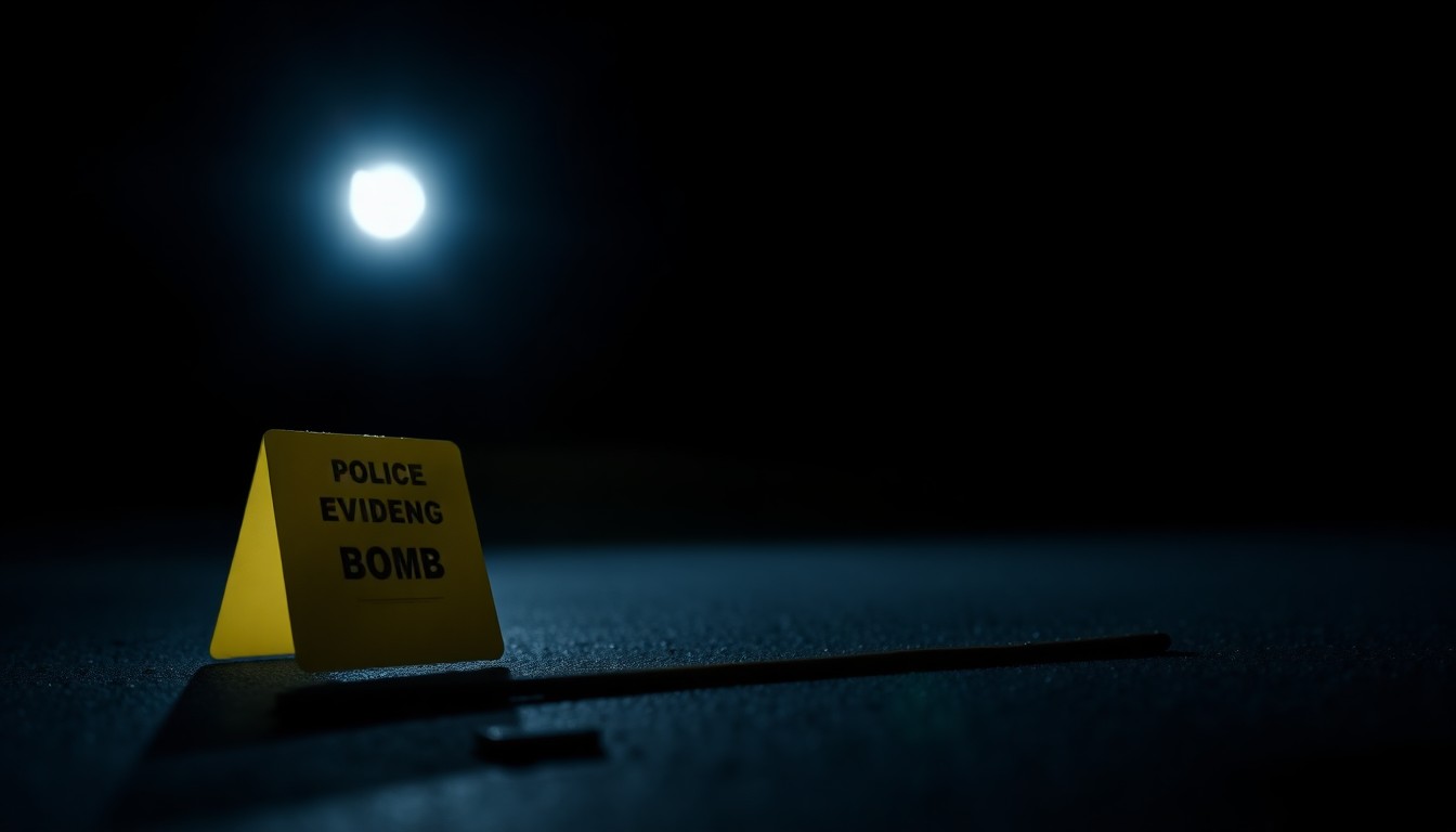 An extreme close-up photograph of a police evidence marker on the ground, lit by a harsh camera flash against a pitch-black background, conceptually representing the investigation into an unfounded bomb threat.