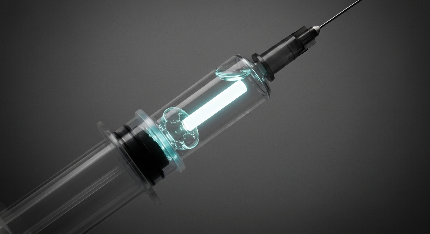 A highly detailed, translucent X-ray image showing the internal structure of a syringe filled with a glowing, luminescent liquid vaccine, conceptually representing the advanced mRNA vaccine technology being developed by Moderna.
