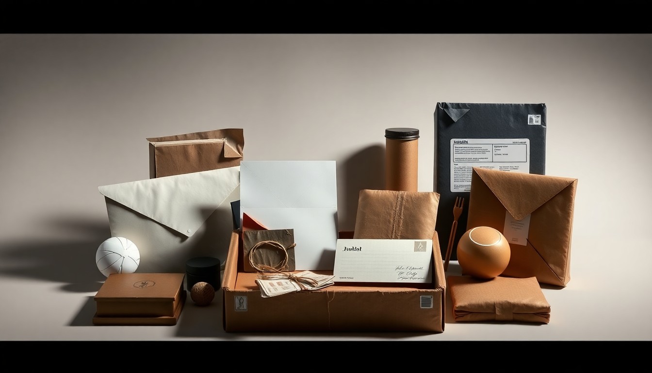 A high-end, photorealistic studio still-life photograph featuring a variety of unclaimed mail items arranged elegantly on a clean, monochromatic seamless background, conceptually representing the authenticity and uniqueness of the mystery box contents.