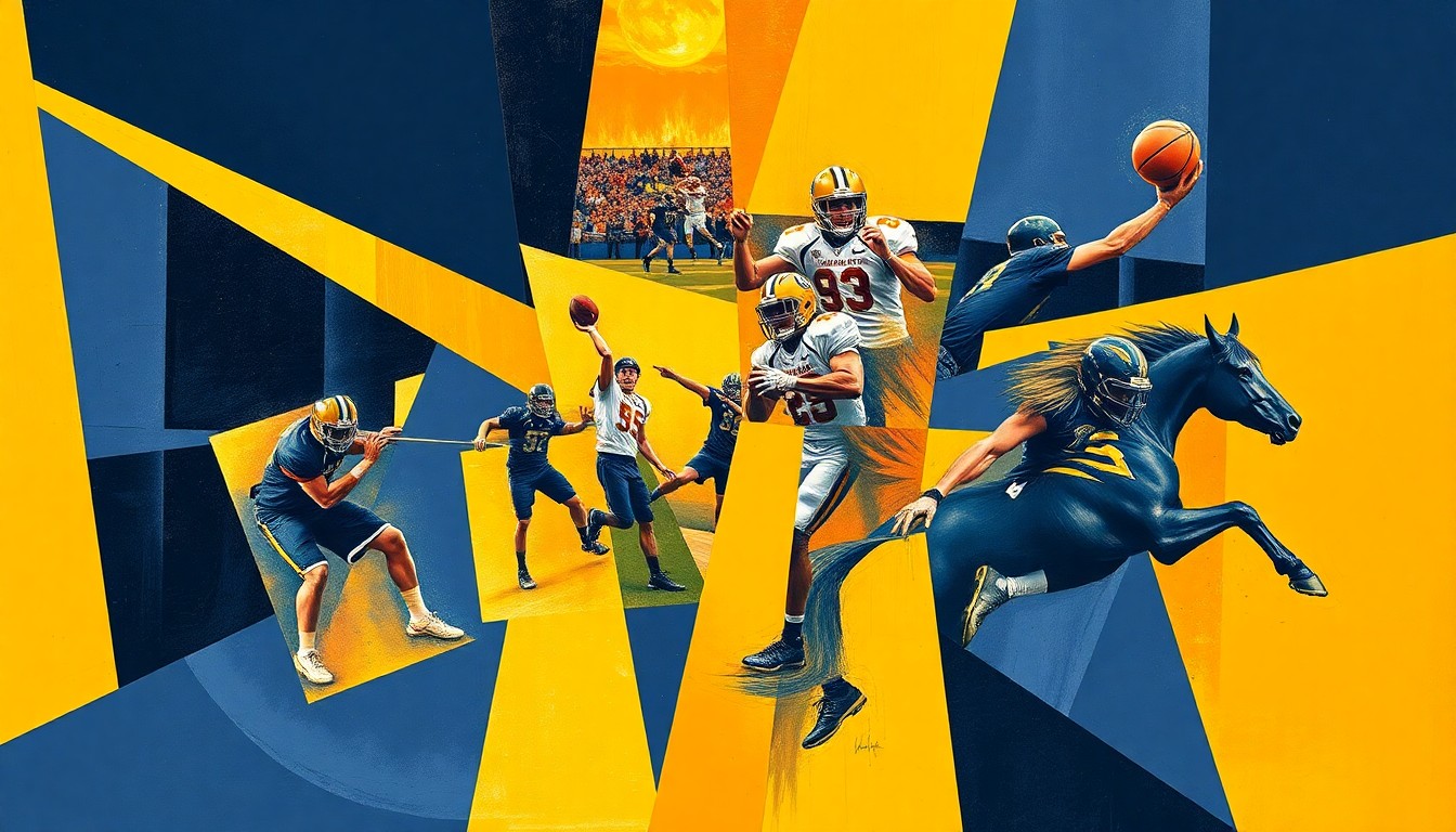 A fractured, geometric painting depicting various high school sports scenes, with overlapping planes of navy blue, gold, and other colors representing the official team colors of the nominated schools.
