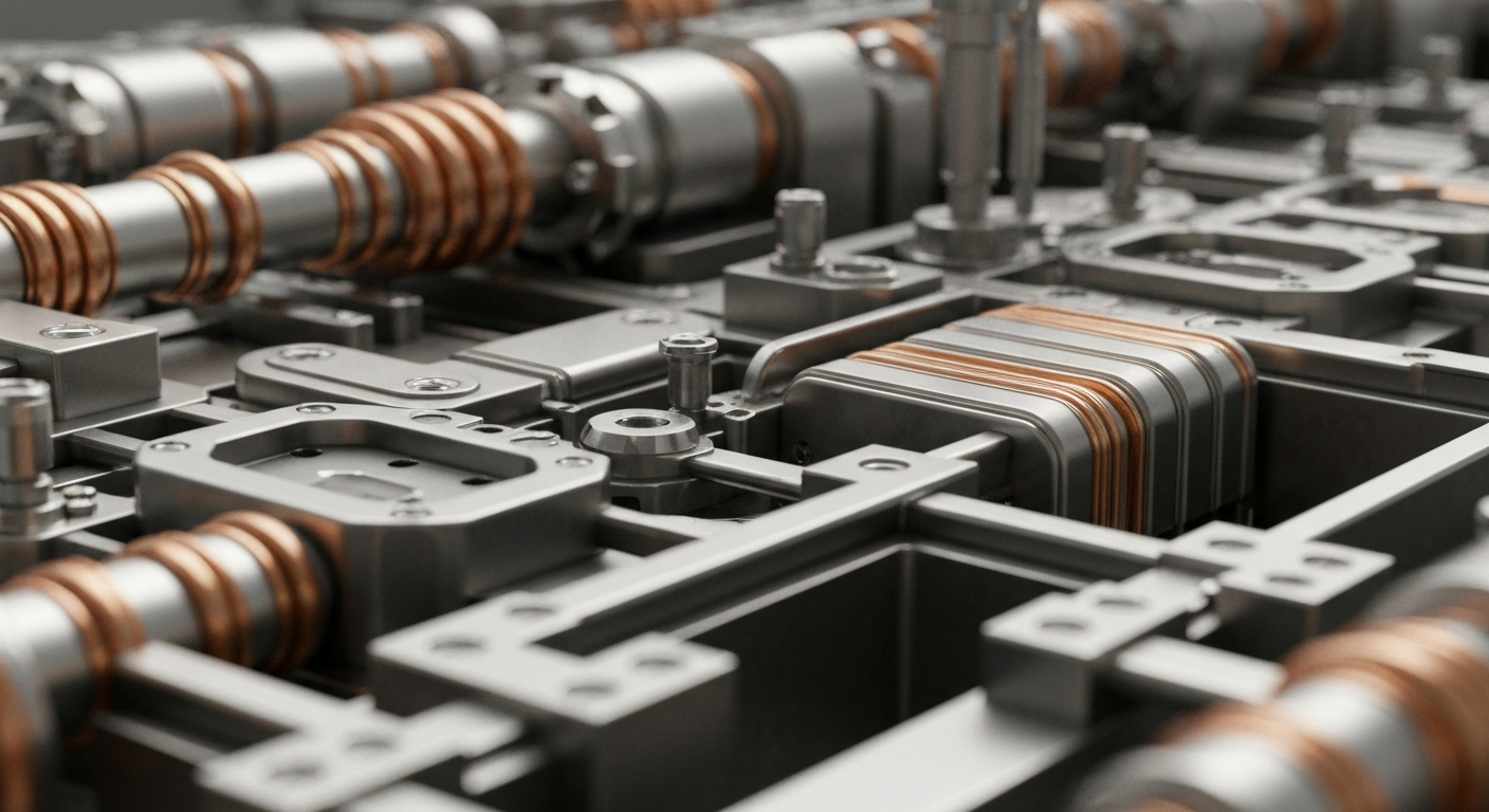 An extreme close-up of complex, precision-engineered biotech machinery in muted tones of steel grey, copper, and chrome, conveying the high-tech nature of Vertex's pharmaceutical operations.
