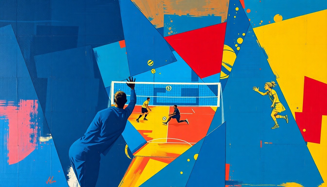 A cubist, geometric painting depicting the dynamic movements and energy of a volleyball game, with sharp planes of color representing the players and court.