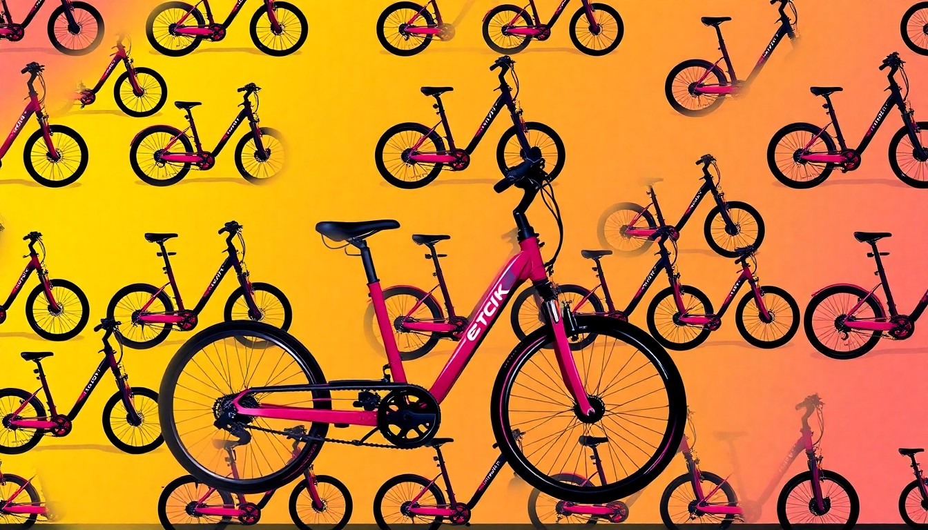 A vibrant, abstract silkscreen illustration of an electric bicycle repeated in a grid pattern, using bold neon colors and heavy black outlines to create a modern pop art style that conceptually represents the city's efforts to promote e-bike usage.