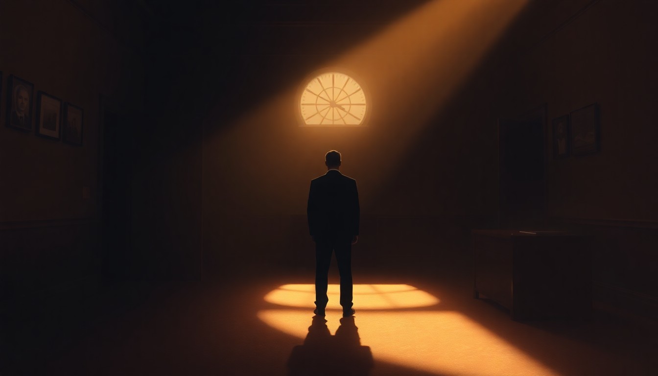 A cinematic painting of a lone figure in a shadowy government office, bathed in warm, diagonal sunlight, conveying a sense of quiet contemplation and moral ambiguity about the role of federal prosecutors.