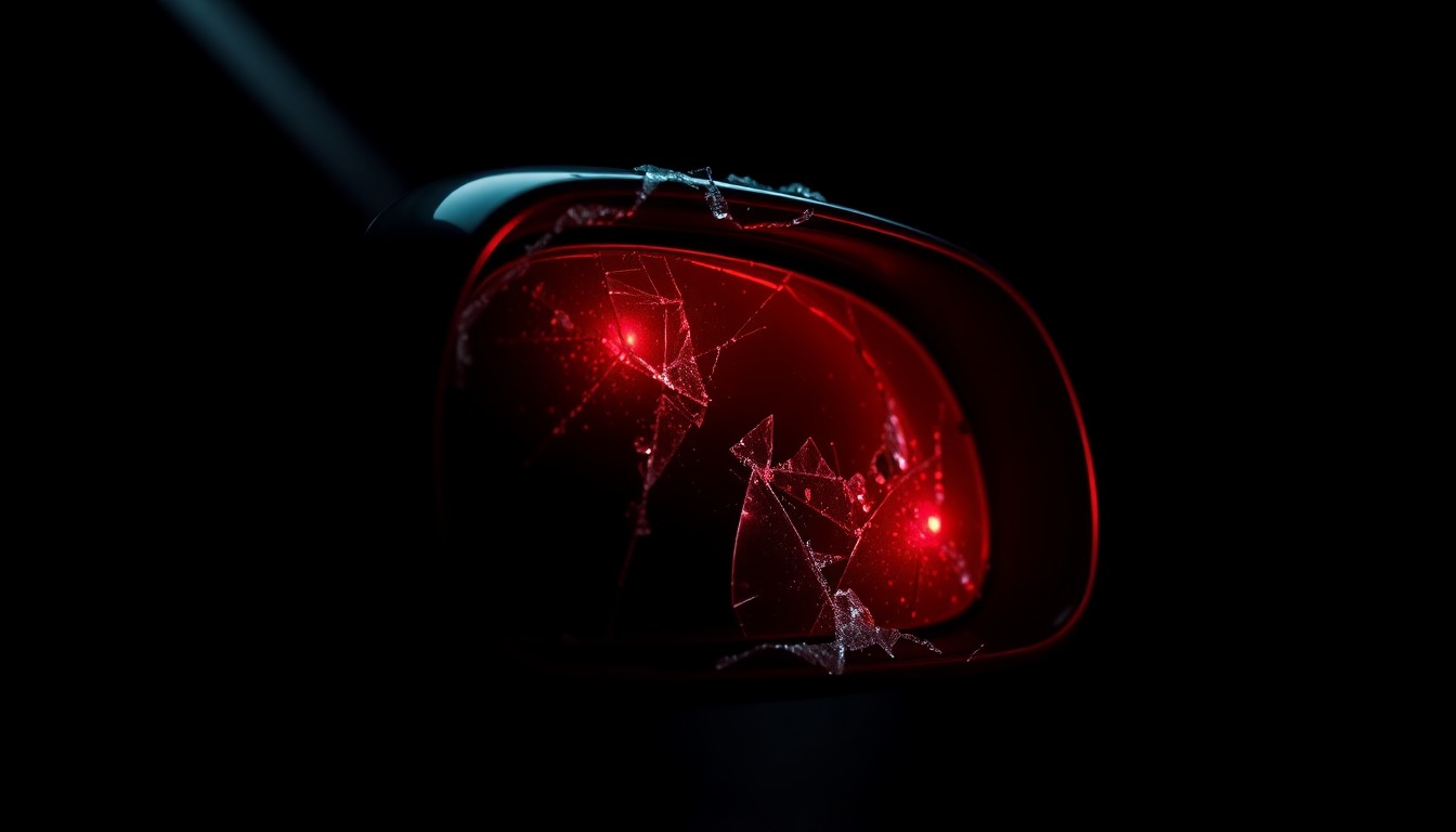 An extreme close-up photograph of a shattered car side mirror, reflecting a faint red light, against a pitch-black background, conceptually illustrating the aftermath of a suspected drunk driving incident.