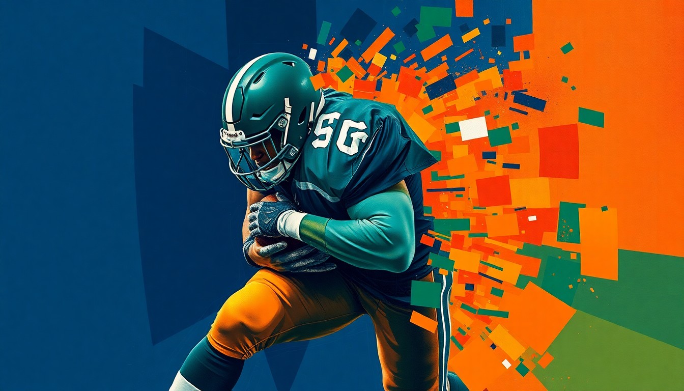 A dynamic, fragmented painting depicting the powerful movements and collisions of a defensive lineman, rendered in a cubist style with sharp geometric planes in navy, green, and orange.