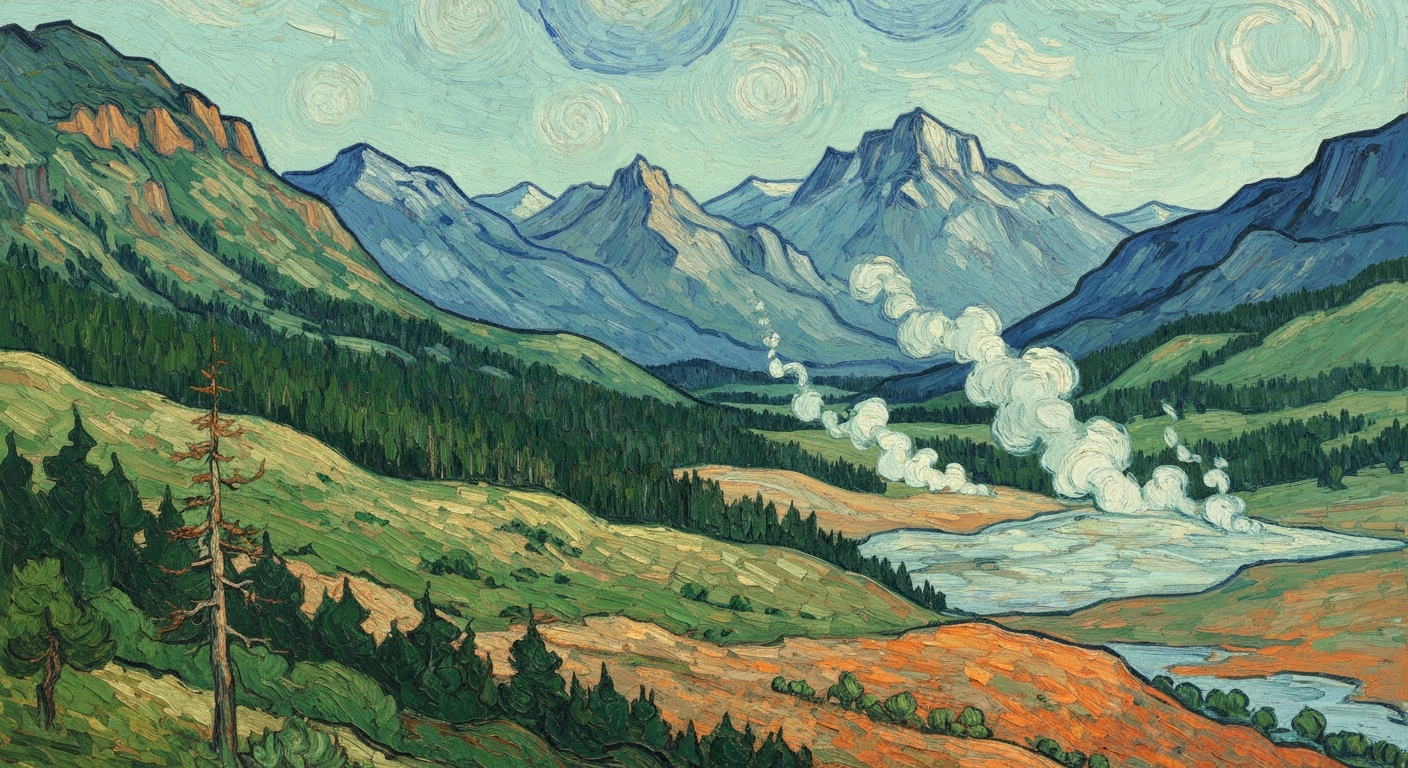 A vibrant, textured oil painting depicting the majestic landscapes of Yellowstone National Park, with towering mountains, dense forests, and steaming geothermal features. The brushstrokes are thick and expressive, capturing the rugged beauty of the natural environment.