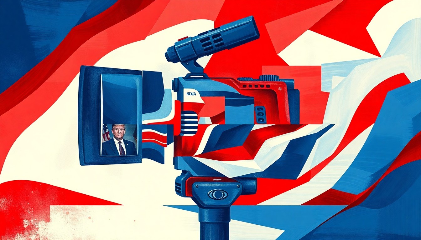 A dynamic, abstract painting featuring overlapping geometric shapes and fractured lines in shades of red, white, and blue, conceptually representing the chaotic and partisan nature of media coverage surrounding Donald Trump.