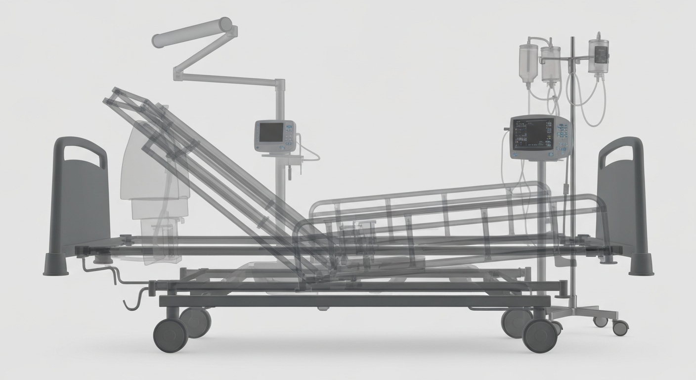 A translucent X-ray photograph revealing the ghostly internal structures of a hospital bed frame and medical equipment, conveying the fragility and complexity of the healthcare system.
