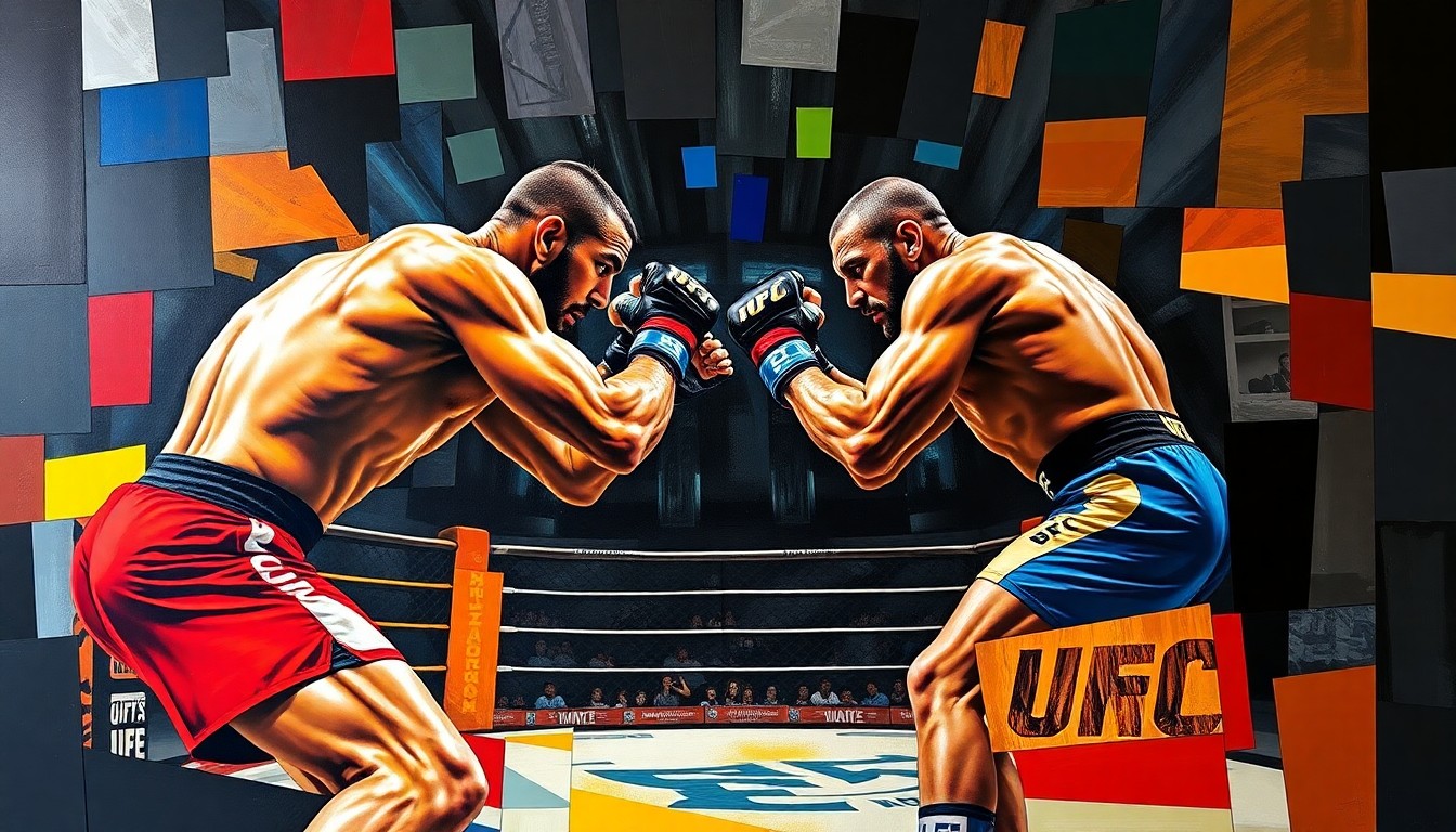 A cubist, geometric painting depicting the fractured action of a UFC flyweight title fight, with sharp planes of color representing the fighters and octagon canvas.