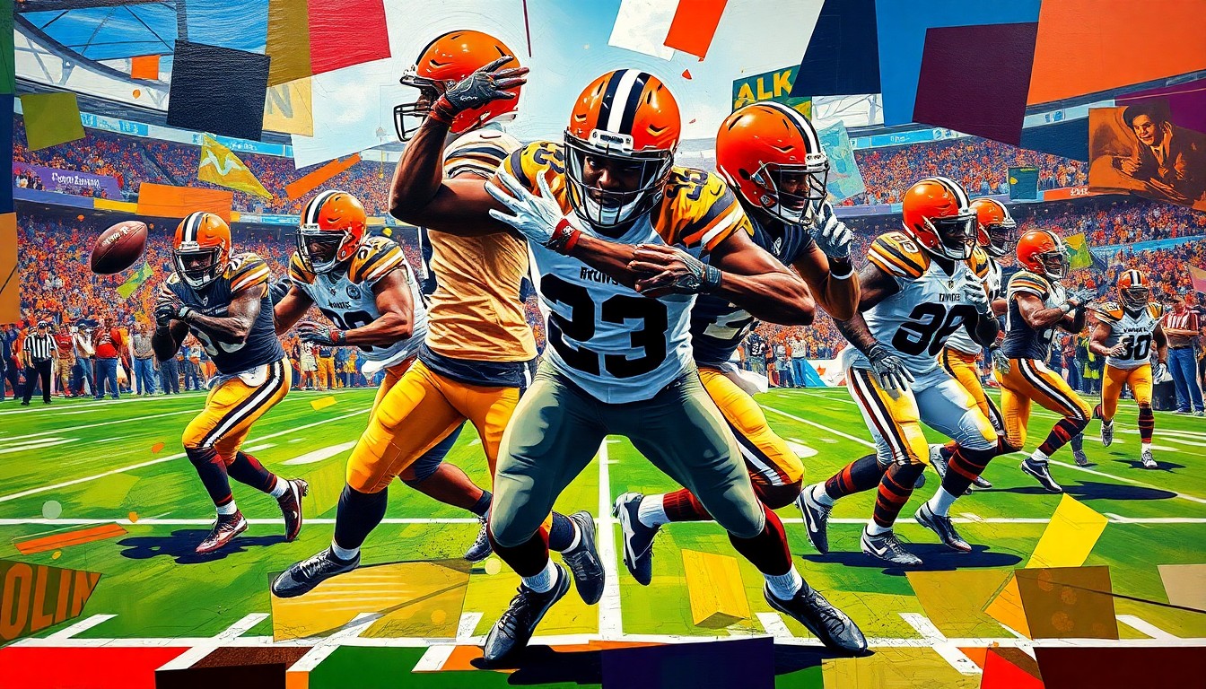 A cubist, geometric painting depicting Myles Garrett's explosive pass rushing moves and sack celebrations, with sharp, overlapping planes of the Browns' orange and brown colors against the backdrop of a football field.