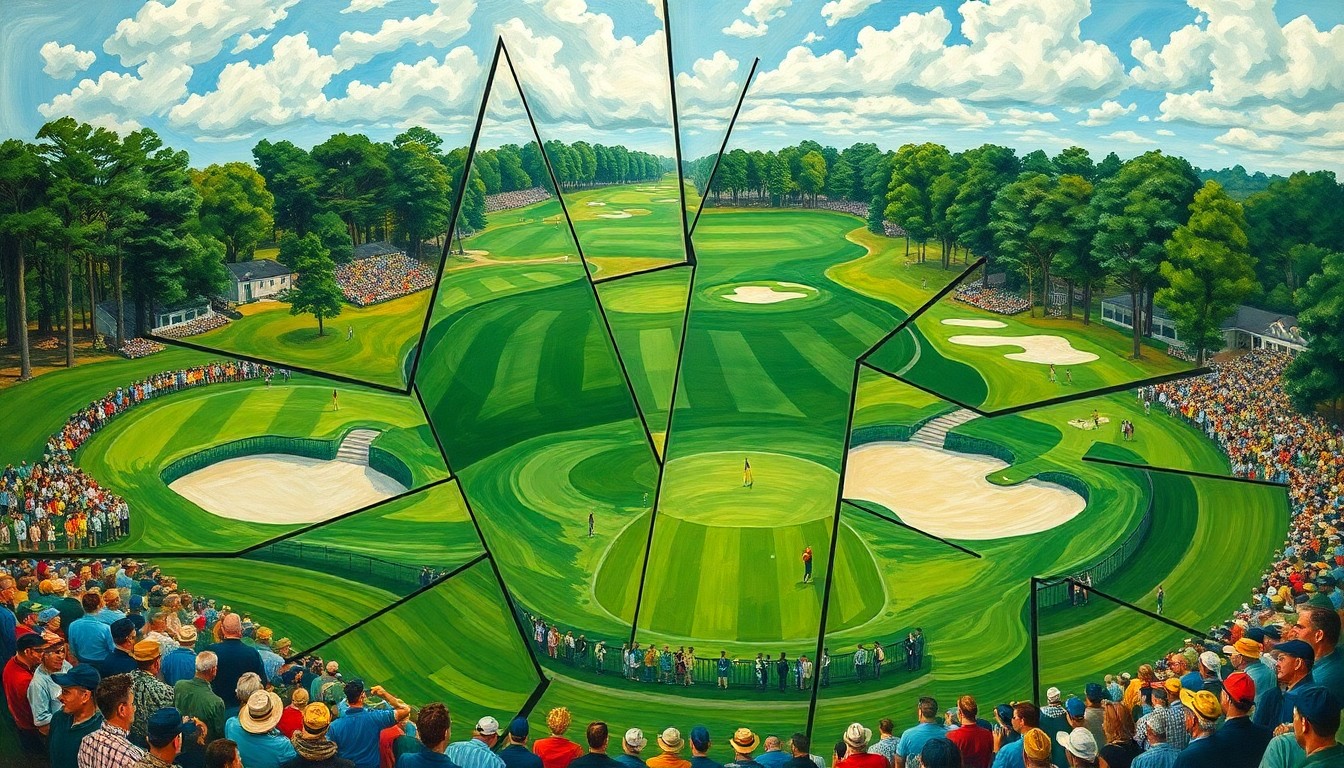 A fragmented, geometric painting depicting the Augusta National golf course, with sharp planes of green fairways, sand traps, and spectators, conveying the excitement and complexity of the Masters tournament.