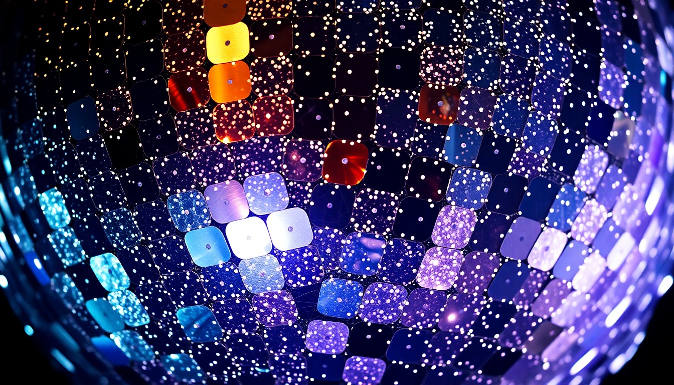 An abstract close-up image featuring a dramatic, high-contrast composition of shimmering sequins and glittering disco ball textures, capturing the glamorous and celebratory mood of a musical comeback.