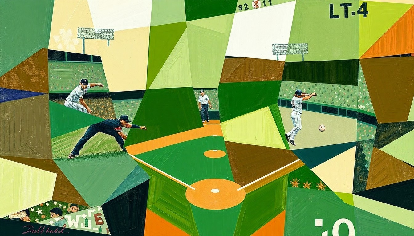A cubist, geometric painting depicting a baseball game broken down into overlapping planes of green, brown, and white, conveying the dynamic action and energy of the sport.
