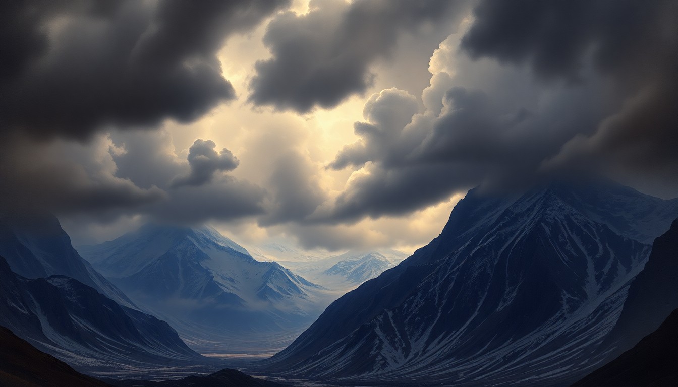 A sweeping, atmospheric landscape painting depicting a snowy mountain range shrouded in dark, ominous clouds, conveying the sense of an impending storm and the overwhelming power of nature.