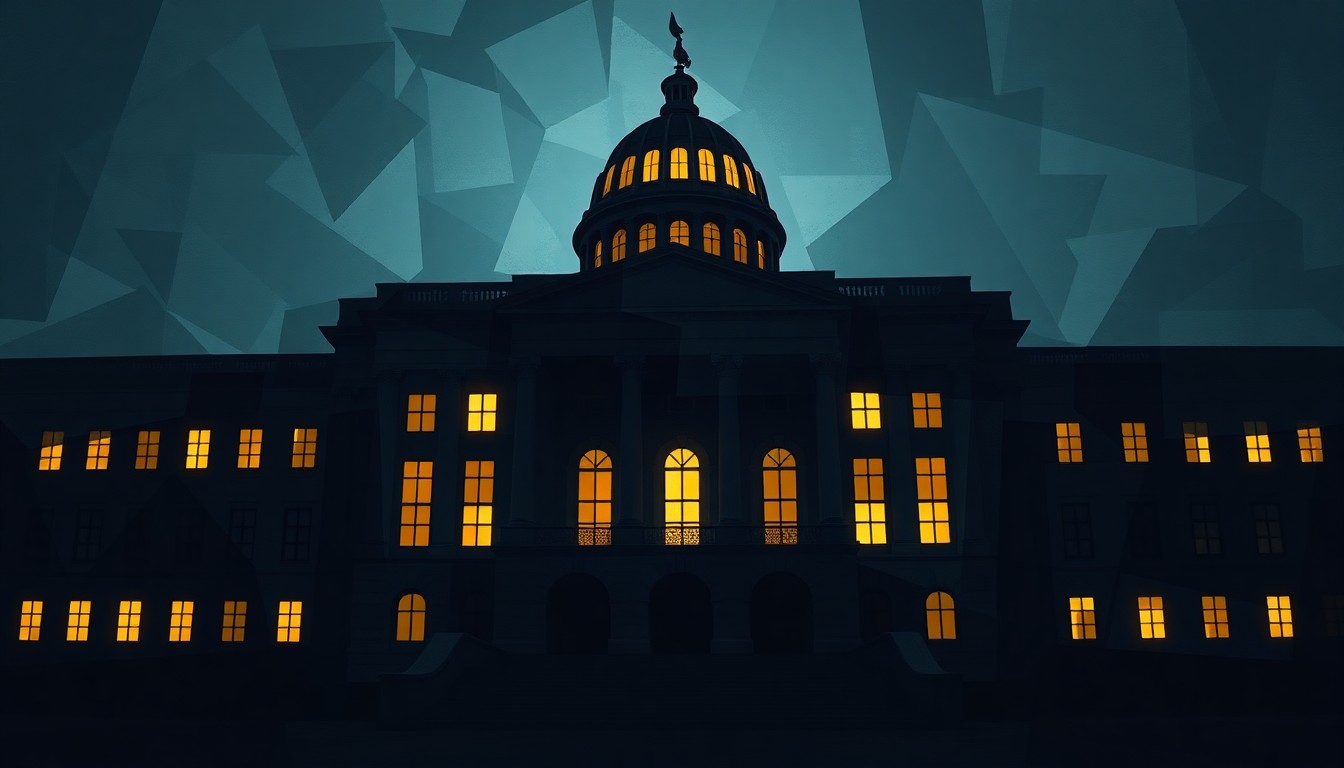 A dynamic, fragmented painting depicting the shadowy outline of a large government building with glowing windows, conveying the power and influence of the federal immigration enforcement system that protesters are rallying against.