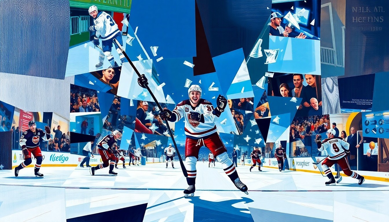 A cubist, geometric painting depicting the celebration of Nikita Kucherov's 400th career NHL goal, with sharp, overlapping planes of color and form representing the dynamic movement and energy of the moment.