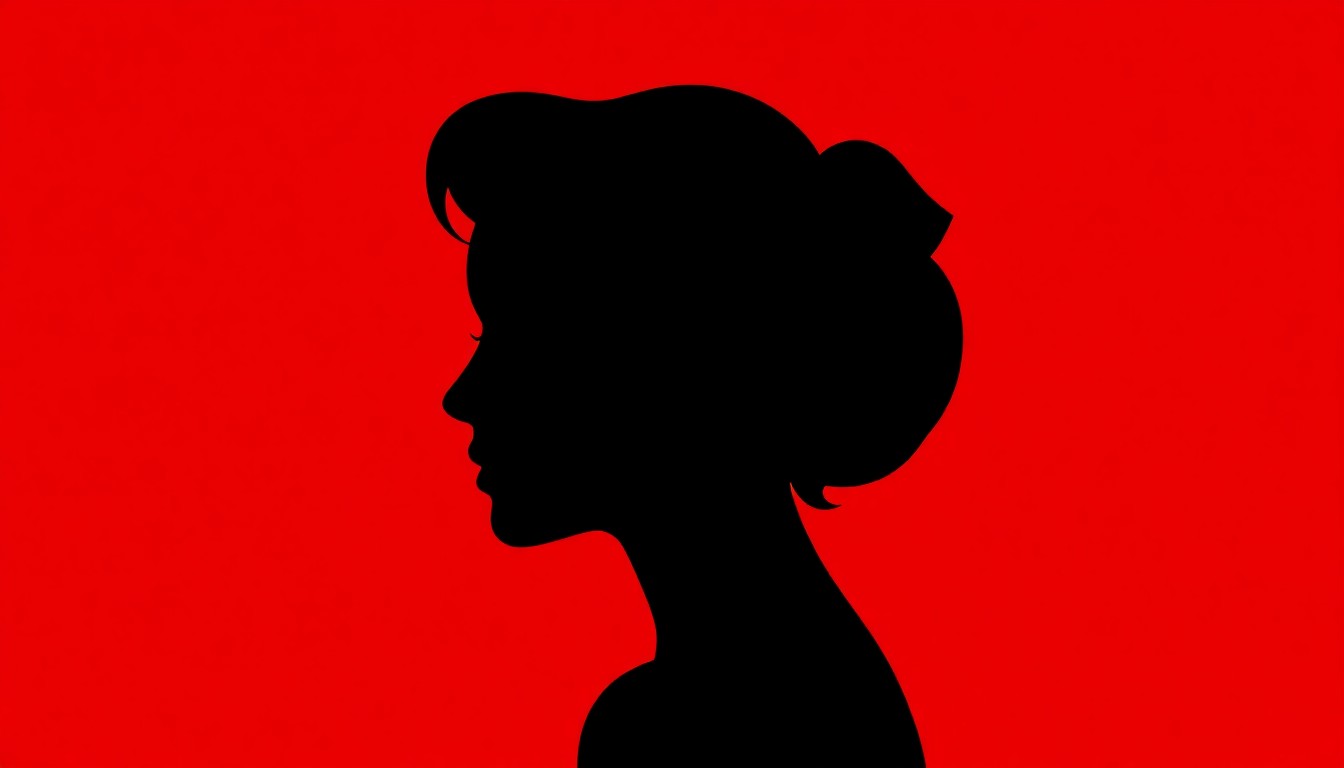 An abstract black silhouette of a woman's profile against a bright red background, conveying the mystery and nostalgia surrounding a classic Hollywood actress.