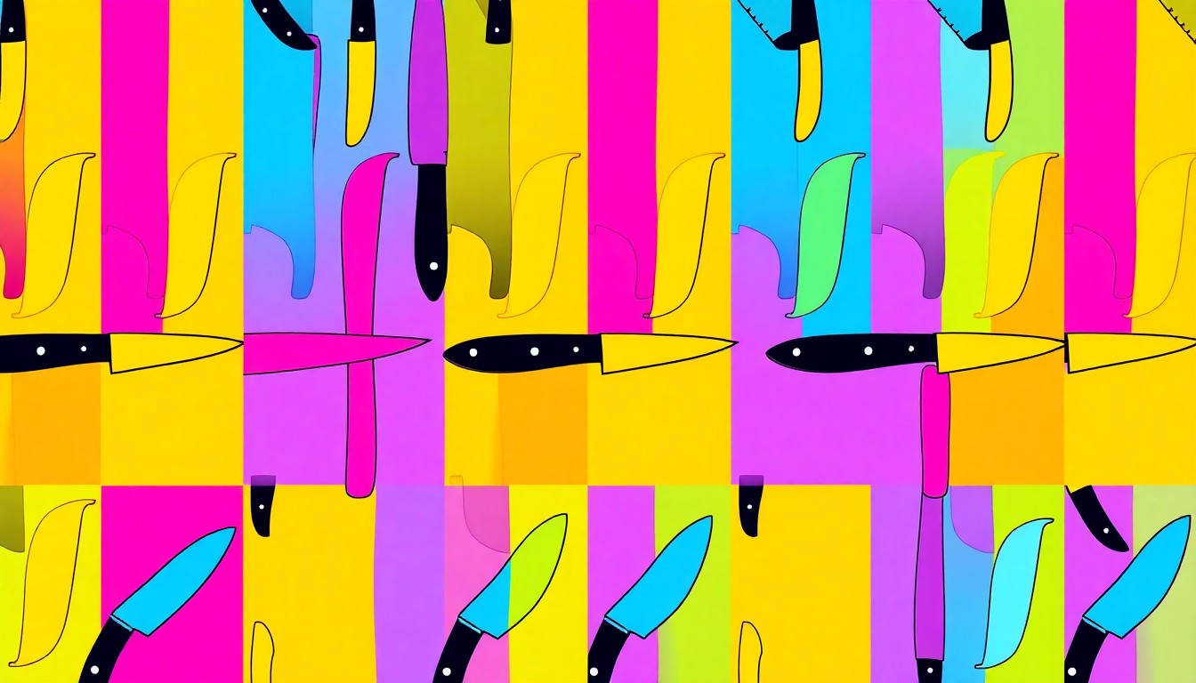 A brightly colored, high-contrast silkscreen-style illustration of a single kitchen knife repeated in a tight grid pattern, using flat, vibrant neon colors and heavy black outlines to transform an everyday cooking tool into a modern pop art piece.