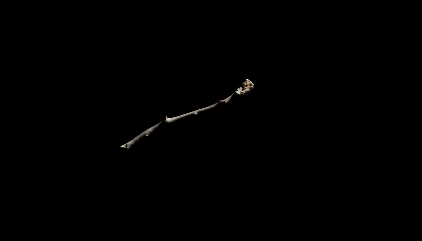 An extreme close-up photograph of a single piece of crime scene evidence, such as a broken twig or a discarded cigarette butt, lit by a harsh, direct camera flash against a pitch-black background, conceptually illustrating the investigation into a violent crime.