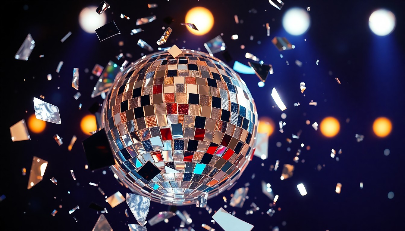 An extreme close-up photograph of shattered, glittering disco ball fragments reflecting bright stage lights, conceptually representing the complex, glittering nature of celebrity culture and the public's shifting views on rehabilitation.