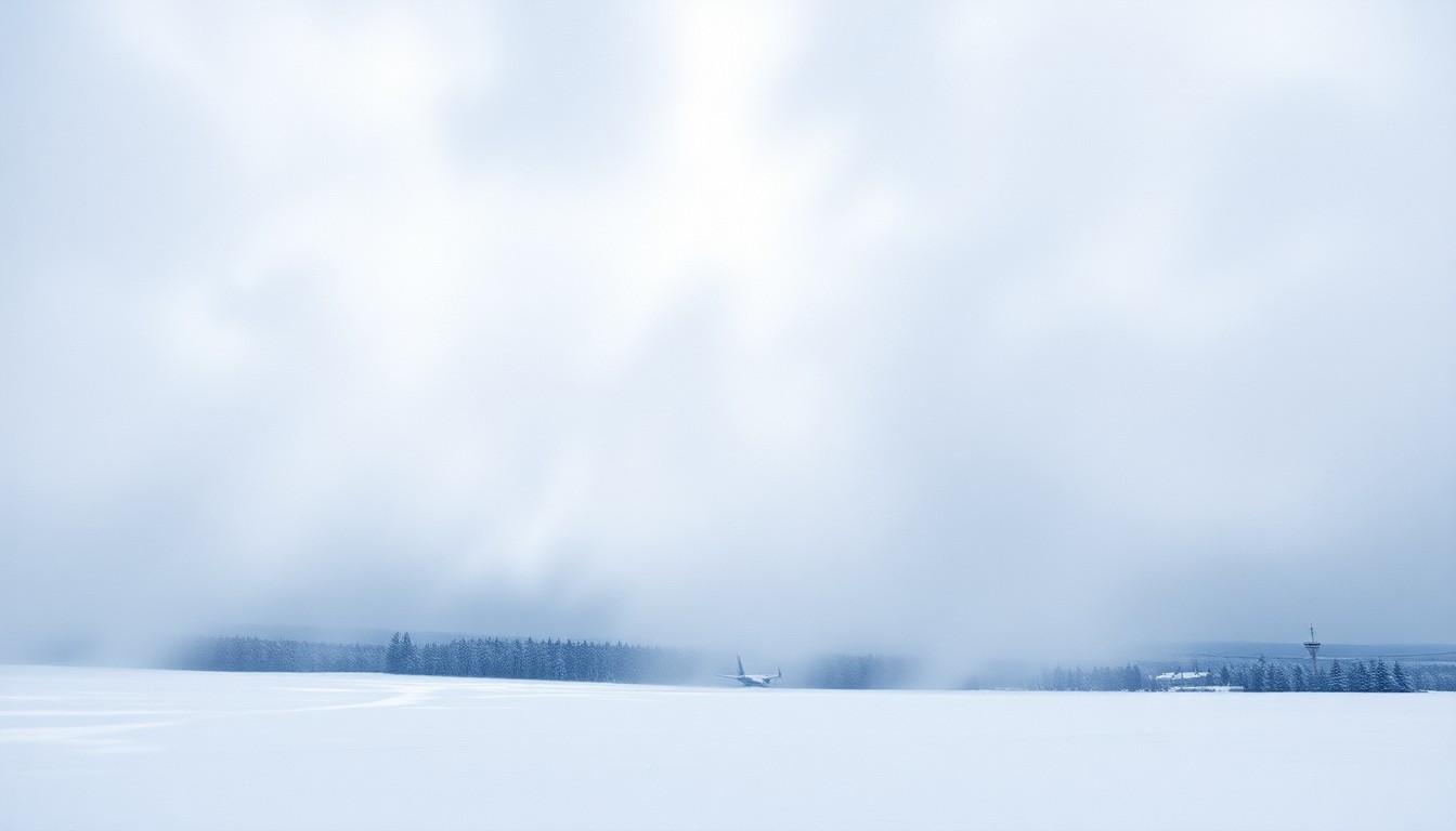 A sweeping, atmospheric landscape painting in muted tones of grey, white, and blue, depicting a regional airport barely visible through a blinding snowstorm, conveying the overwhelming scale and power of extreme weather conditions.