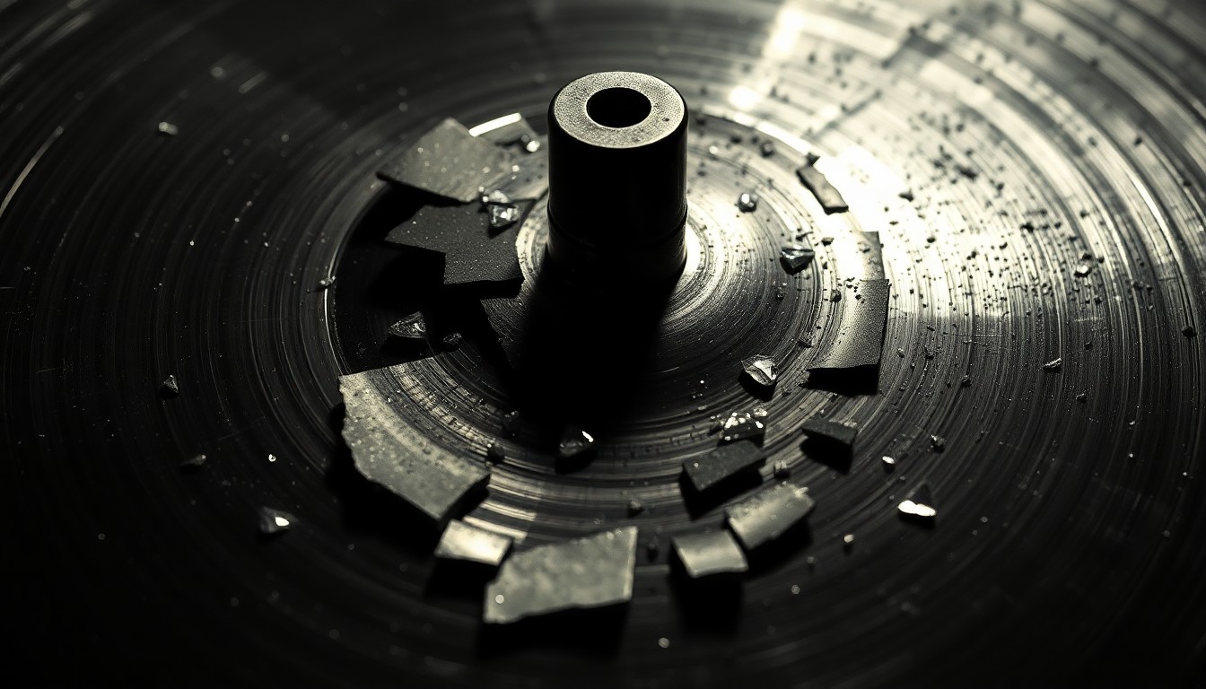 An extreme close-up photograph of a shattered drum cymbal, with dramatic high-contrast lighting highlighting the intricate, glittering texture of the fractured metal, conceptually representing the bittersweet celebration of a legendary musician's legacy.