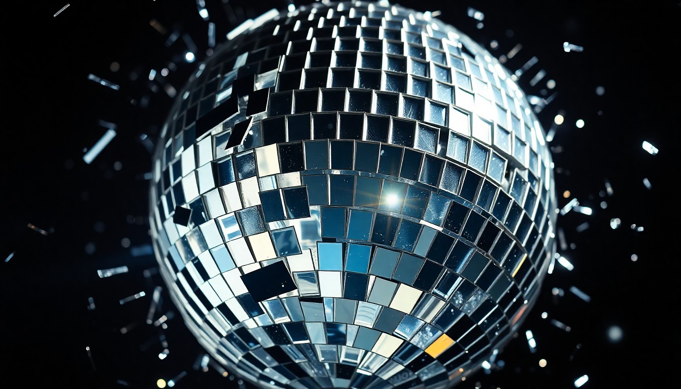 An abstract close-up photograph of a shattered disco ball reflecting glittering shards of light, conveying the bittersweet emotions surrounding the loss of a legendary rock musician.
