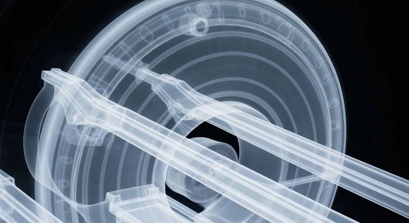 An extreme close-up X-ray photograph revealing the intricate internal structure of a high-tech MRI machine, with ghostly glowing lines against a dark background, conceptually representing the advanced medical imaging technology now available at Piedmont Walton Hospital.