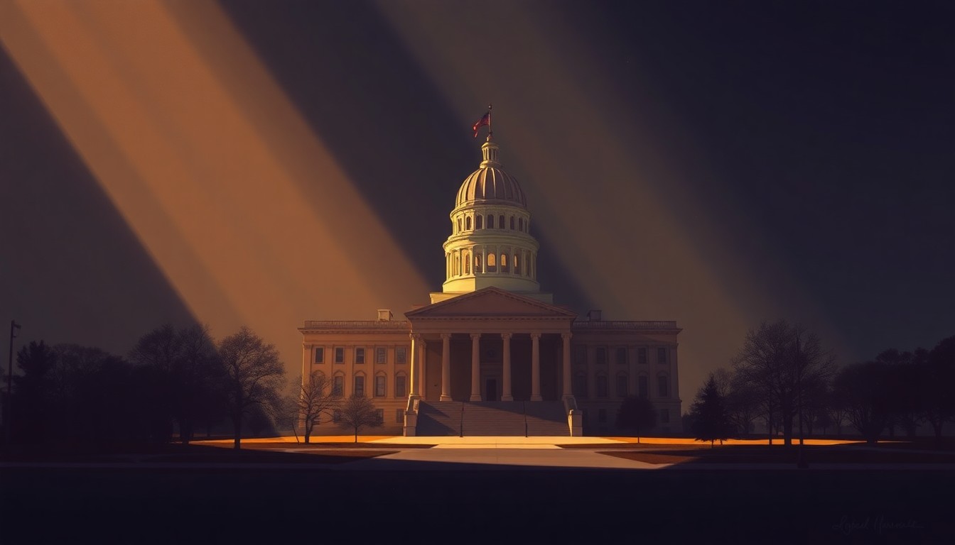 A serene, cinematic painting depicting a state capitol building in warm, golden light, conveying a sense of quiet contemplation and the importance of reliable government funding.