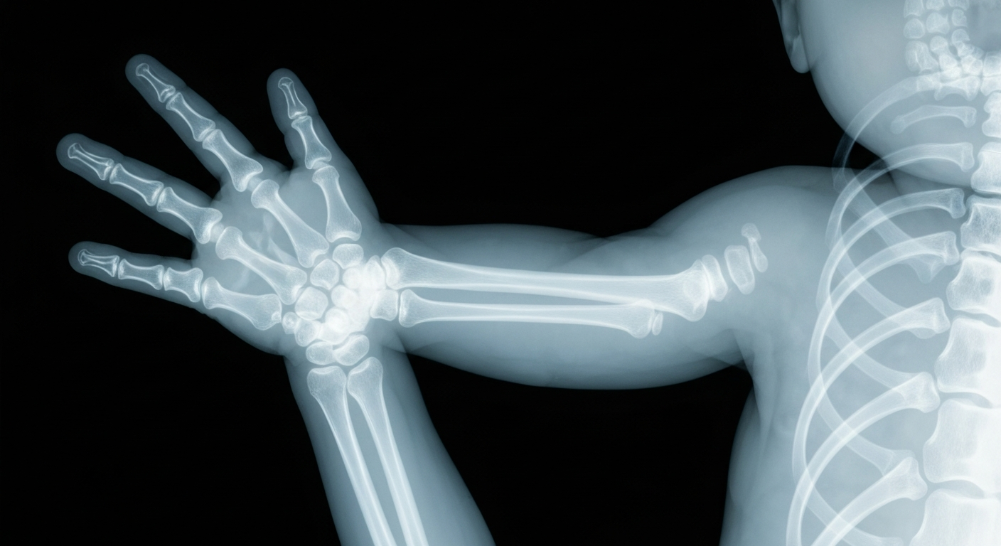 A ghostly, translucent X-ray photograph showing the skeletal structure of a young child's hand reaching out, conveying the fragility and resilience of pediatric cancer patients.