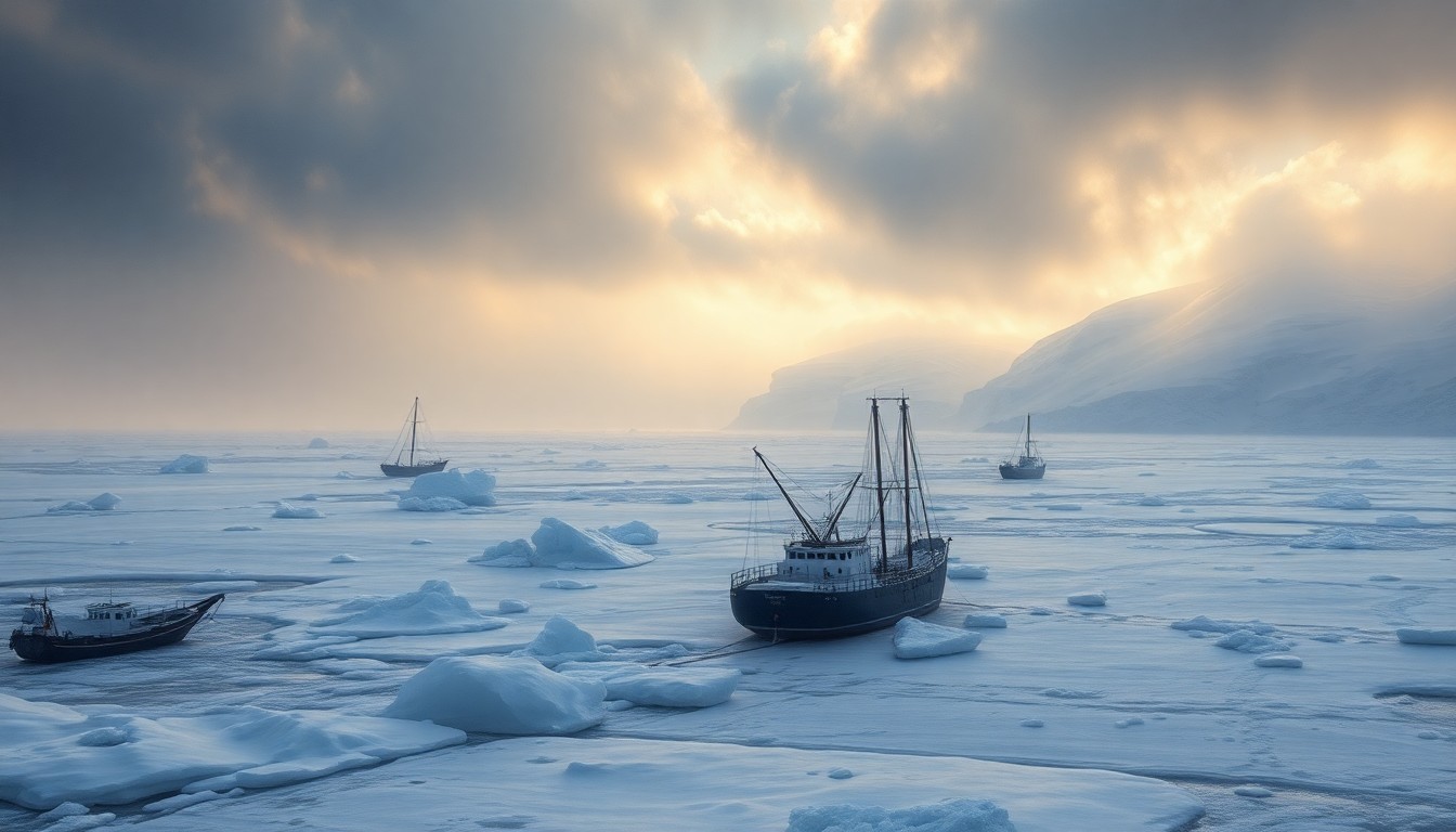 A sweeping, atmospheric landscape painting in muted blues and grays, depicting a vast, frozen seascape with heavy ice formations dwarfing any visible man-made structures, conveying the overwhelming power of nature during an extreme winter event.
