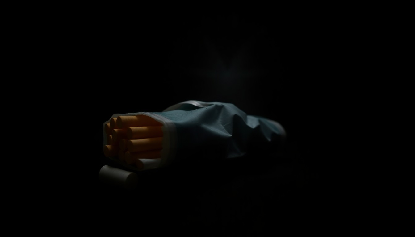 An extreme close-up photograph of a crumpled pack of cigarettes, the harsh flash lighting creating a stark, gritty aesthetic that conceptually represents the violent nature of the crime.