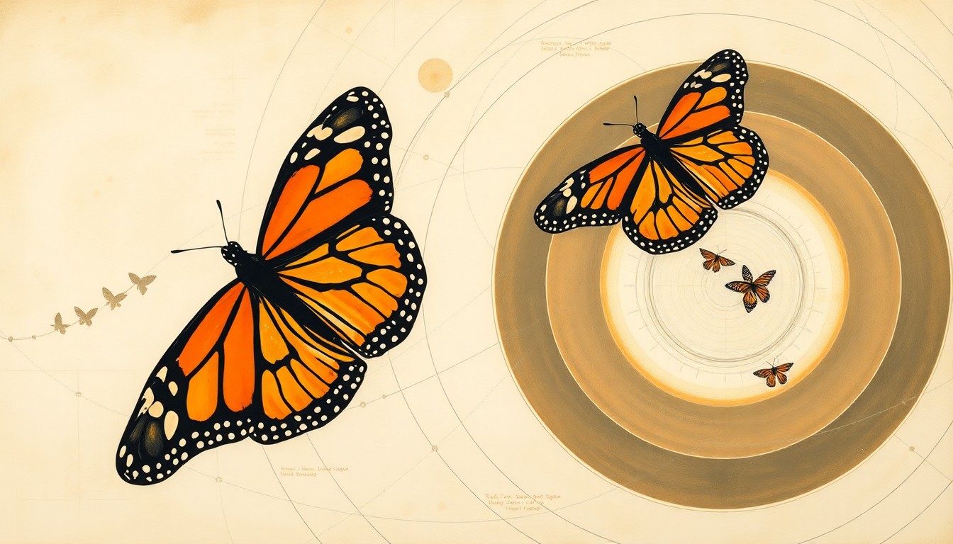 A bold, abstract painting in muted greens, browns, and blues, featuring sweeping geometric shapes, concentric circles, and precise botanical spirals, conceptually representing the complex migratory patterns of monarch butterflies.
