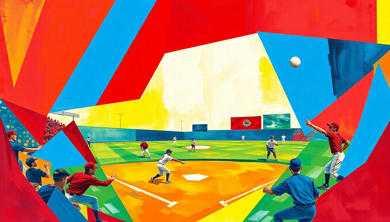 A fractured, multi-perspective painting in vibrant colors, breaking down the dynamic movements of a high school baseball game into sharp, overlapping geometric shapes.