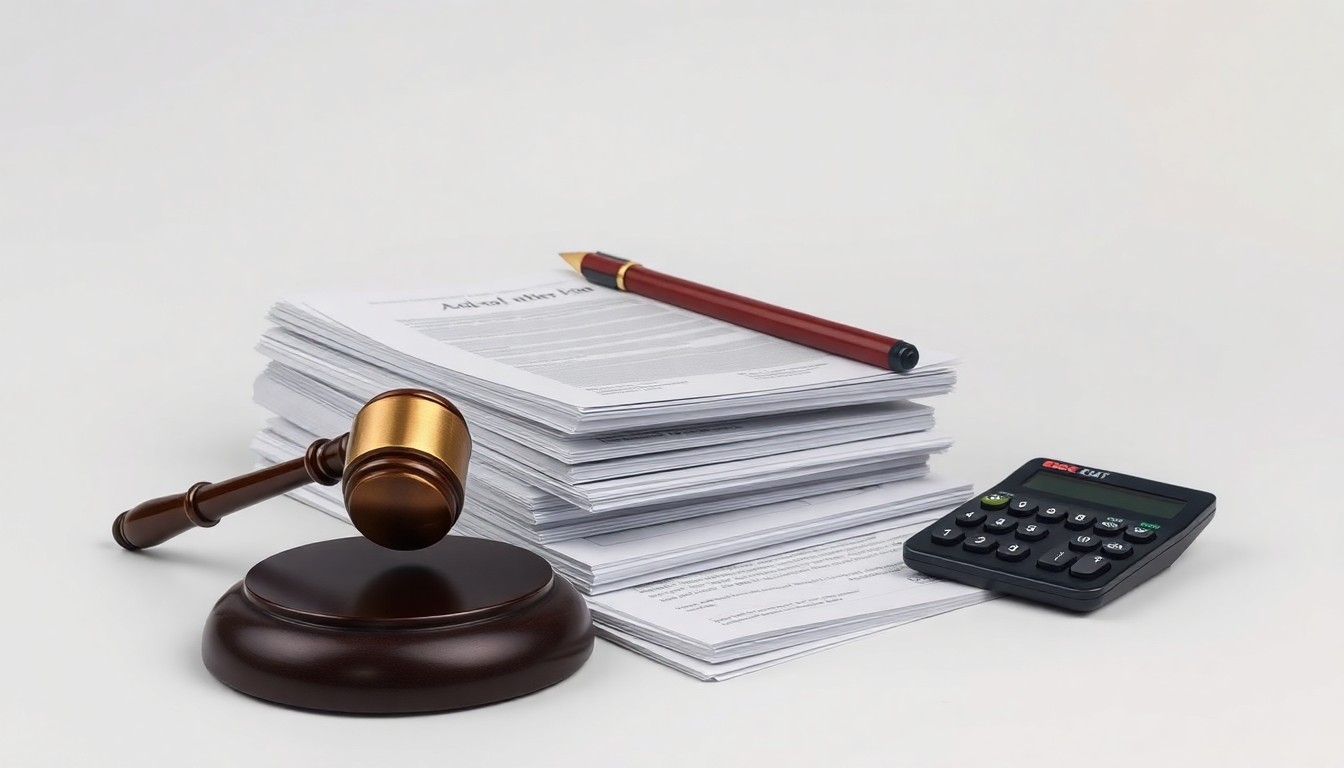 A photorealistic studio still life featuring a stack of legal documents, a gavel, and a calculator, conceptually representing the legal and financial implications of the Eos Energy securities class action.
