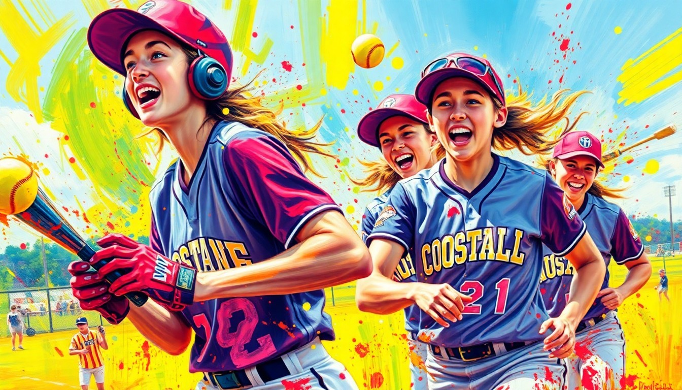 An extreme close-up of a softball player's uniform, rendered in a vibrant, expressionist style with rapid brushstrokes and neon colors, capturing the raw energy and excitement of the Scotland High team's dominant performance.