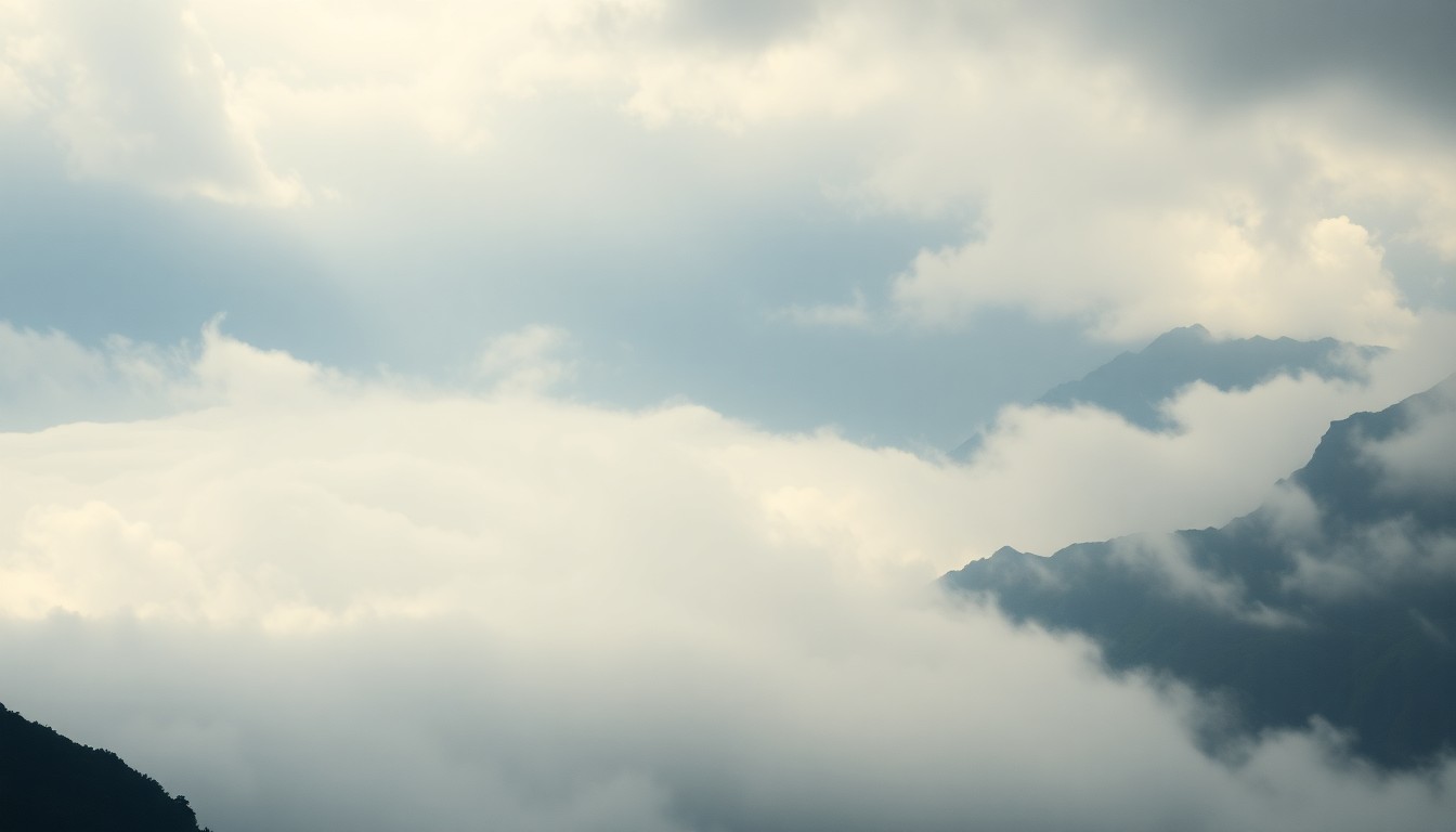 A vast, majestic landscape painting depicting the dramatic scale of the Hawaiian islands obscured by heavy fog and atmospheric haze, conveying the overwhelming power of nature in the region.