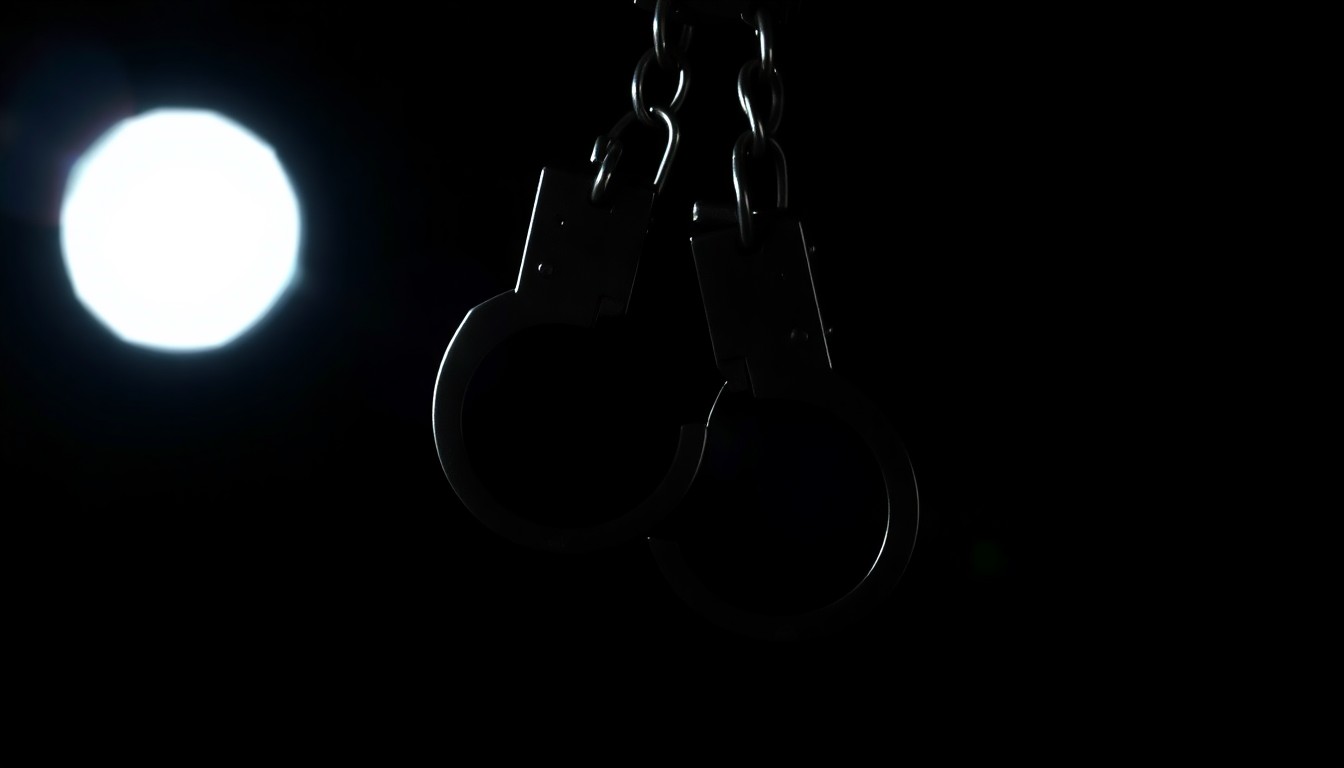 An extreme close-up of a pair of handcuffs against a stark black background, creating a gritty, investigative aesthetic that conceptually represents the arrest of a mother wanted for a serious crime.