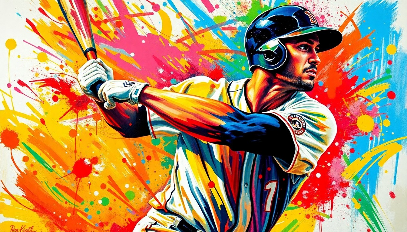 An abstract, expressionist painting in vibrant neon colors, capturing the dynamic motion and raw athleticism of a baseball player in action, with the player's features dissolving into textured brushstrokes.