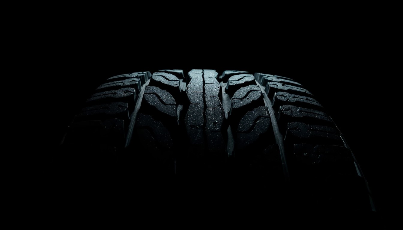 An extreme close-up photograph of a truck tire tread, lit by a harsh, direct camera flash against a pitch-black background, conceptually representing the gritty challenges facing Mexico's trucking industry.