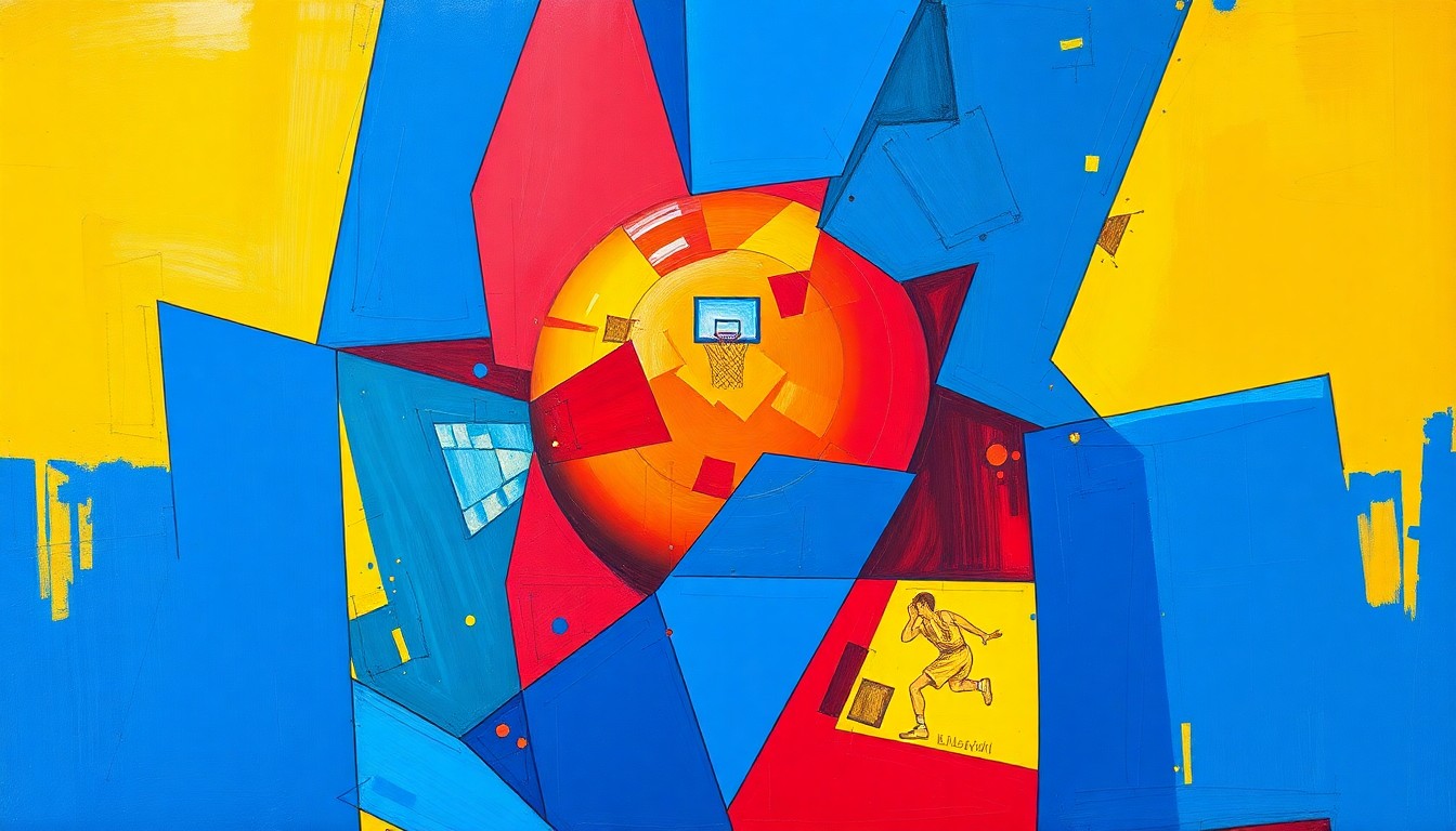 Sebuah lukisan geometris yang terfragmentasi dan penuh warna, menggambarkan gerakan dan energi dari permainan basket, tanpa figur atau teks yang dikenali.